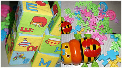 Отдается в дар «Игрушки развивающие: кубики мягкие с буквами и конструктор»