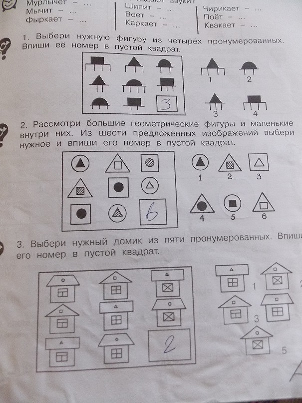 Выбрать задания из предложенных тем. Рассмотри большие геометрические фигуры и маленькие. Выберите нужную фигуру из предложенных. Впиши номер нужной фигуры. Рассмотри домики выбери из предложенных нужный впиши.