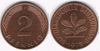 Отдается в дар Монетка 2 пфеннига 1975г.