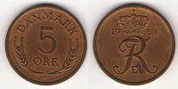 Отдается в дар 2 монеты Дании. 5 эре 1964 и 1966гг