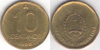 Отдается в дар Аргентина 10 сентаво 1986 г.