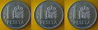 Отдается в дар 3 монеты: Испания 1 песета 1987, 1985, 1983 года