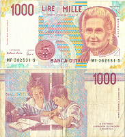 Отдается в дар 1000 лир — Италия, 1990 год