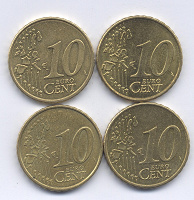 Отдается в дар 4 монеты по 10 Евроцентов.