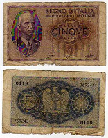 Отдается в дар 5 итальянских лир. 1940 г.