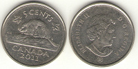 Отдается в дар Монета 5 центов Канады 2011 г. (Канадский бобр)