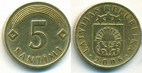 Монета. Латвия. 5 сантим.