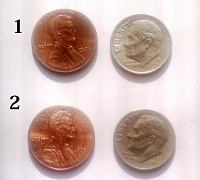 Два набора пар цент и дайм. Монеты США