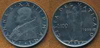 Отдается в дар Монета 100 лир 1959 год — Ватикан — Иоаннес XXIII